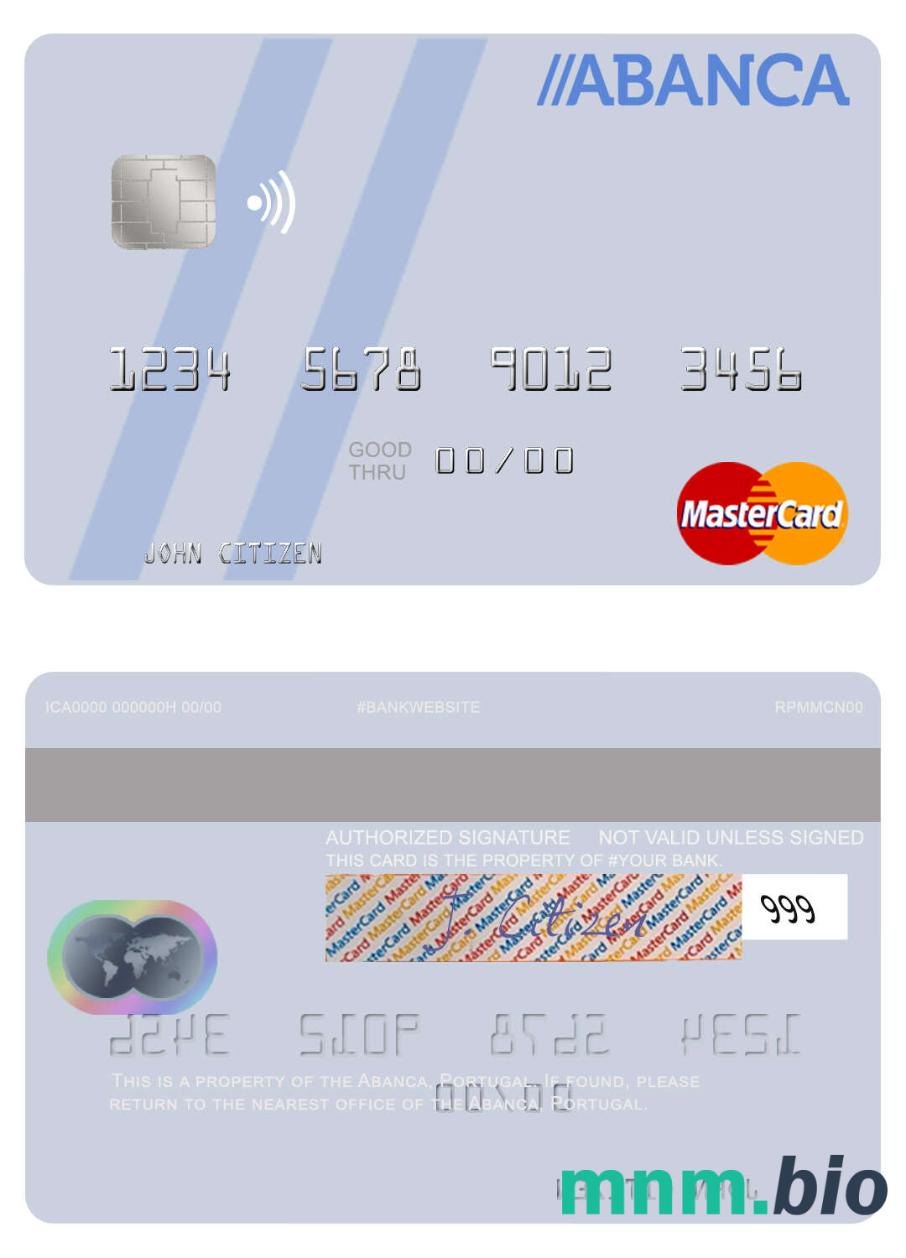 Portugal Abanca przykład karty mastercard w formacie PSD